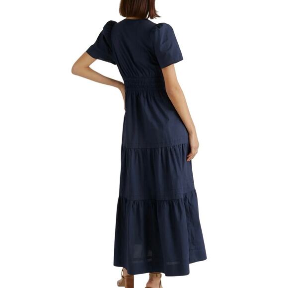 NWOT Quince Women's Navy Blue Tiered Maxi Dress XS Organic Poplin 4480-90 - Picture 3 of 11